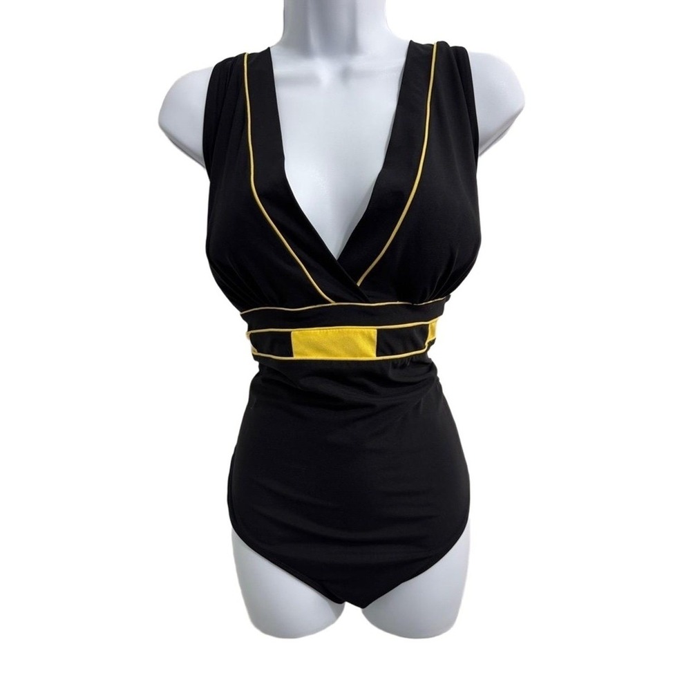 Croft Barrow‎ Swimsuit Womens 16 One Piece Navy Yellow Colorblock Trim V Neck